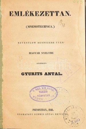 Gyurits Antal: Emlékezettan. (Mnemo-technica.) Reventlow rendszer után magyar nyelven alkalmazta - -. Pozsonyban, 1846...
