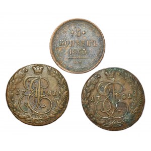 Rosja, zestaw 2 sztuki 5 kopiejek 1781 i 3 kopiejki 1863 E.M.