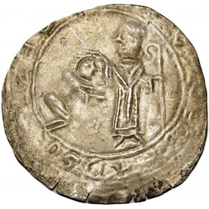 Bolesław III Krzywousty 1107-1138, brakteat pokutniczy, Av.: Św. Wojciech błogosławi klęczącego księcia