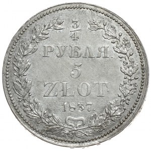 Zabór rosyjski, Mikołaj I, 3/4 rubla 5 złotych 1837 НГ, Petersburg, 11 piór w ogonie orła. Bardzo rzadkie.