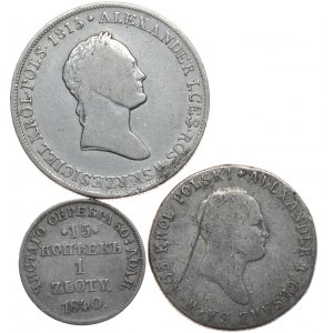 Zabór rosyjski,Zestaw 3 monet: 5 złotych 1829 FH, 2 złote 1819 IB i 15 kopiejek 1 złoty 1840 НГ.