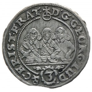 Śląsk, Księstwo legnicko-brzesko-wołowskie, Jerzy III Brzeski, Ludwik IV Legnicki i Krystian Wołowski, 3 krajcary 1657 EW, Brzeg