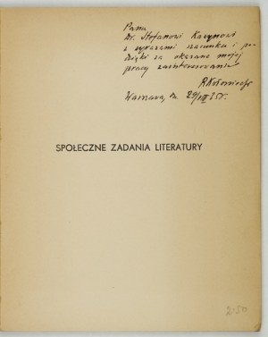 KOŁONIECKI Roman - Społeczne zadania literatury. Une esquisse journalistique et critique. D'après l'avant-propos de A....