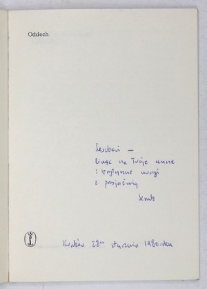 MOCZULSKI Leszek A[leksander] - Oddech. Cracovia 1979. Wyd. Literackie. 16d, p. 50, [2].....