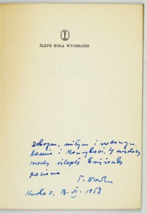 T. NOWAK - Slepé kolesá predstavivosti. 1958. venovanie autora.