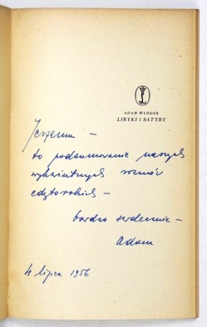 WŁODEK Adam - Liryki i satyry. Kraków 1956, Wyd. Literackie. 8, s. 56, [3]. Broch.