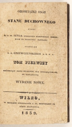 SEVOY F. H. - I doveri delle persone dello stato clericale. T. 1-3. Vilnius 1839