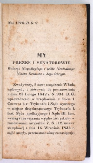 DZIENNIK Praw z roku 1842. Kraków. Druk. Uniwersytecka. 16d, S. [ca. 720 - viele Seiten], Falttafeln, Einband wsp....