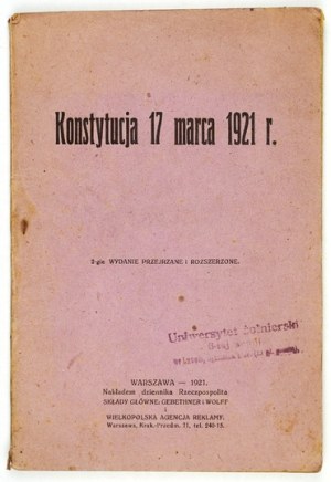 [März KONSTITUTION 2]. Verfassung vom 17. März 1921. 2. überarbeitete und erweiterte Auflage. Warschau 1921....