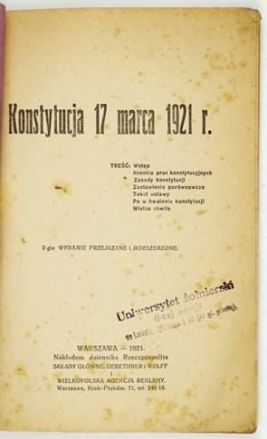 [marec ÚSTAVA 2]. Ústava zo 17. marca 1921. Druhé prepracované a rozšírené vydanie. Varšava 1921....