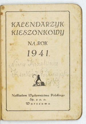 [KALENDARZYK kieszonkowy]. Kalendarzyk kieszonkowy pour l'année 1941, Varsovie. Nakł. Wydawnictwa Polski Sp. z o.o. 16,...