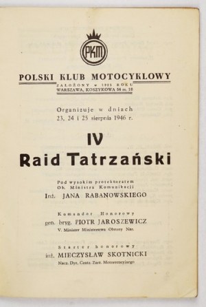 IV Rallye Tatra 23.-25. srpna 1946 - program