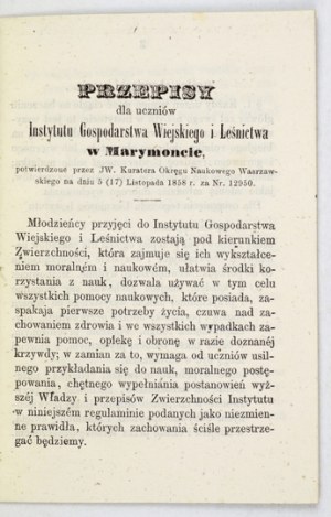PRZEPISY dla uczniów Instytutu Gospodarstwa Wiejskiego i Leśnictwa w Marymoncie. 1858