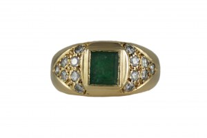Gold signet emerald 1.03ct, diamonds ł.0.49, 18K
