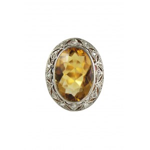 Art Deco Citrin Ring 12,70ct, 16 Diamantrosetten