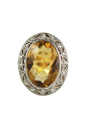 Art Deco Citrin Ring 12,70ct, 16 Diamantrosetten