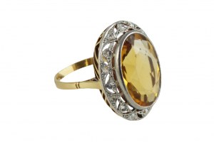 Art Deco Citrin Ring 12,70ct, 16 Diamantrosetten