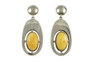 Artistic silver earrings with white amber ovals