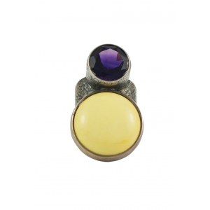 Silver amethyst art ring with white amber