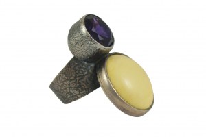 Silver amethyst art ring with white amber