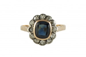 Art Deco marquise ring sapphire 1.50ct, diamonds ~0.45ct H-K/Si-P
