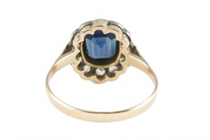 Art Deco marquise prsten safír 1,50ct, diamanty ~0,45ct H-K/Si-P