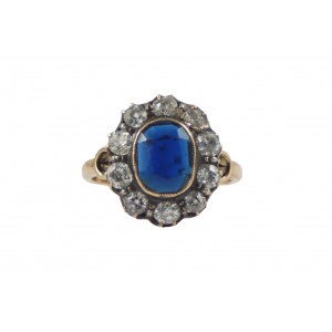 Poľský marquise prsteň zafír 1,54 ct, diamanty 1,10 ct H-M/Si Art Deco