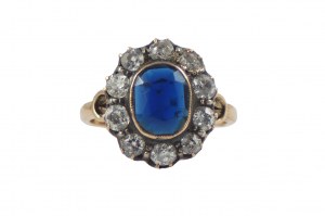 Polnischer Marquise Ring Saphir 1,54ct, Diamanten 1,10ct H-M/Si Art Deco