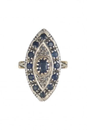 Marquise prsteň zafíry ~2.20ct, diamantové rauty