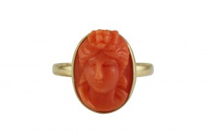 Gold camea ring carving in coral