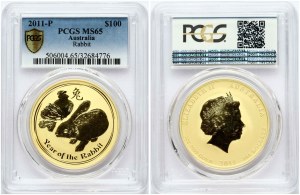 Austrálie 100 dolarů 2011 P Rok králíka PCGS MS 65