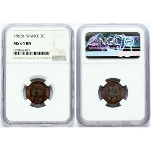 2 Centimes 1862 K NGC MS 64 BN