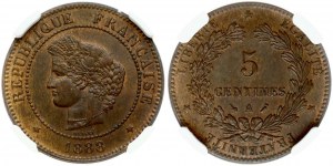 Francie 5 centů 1888 A NGC MS 64 BN TOP POP