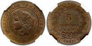Francja 5 centymów 1888 A NGC MS 64 BN TOP POP