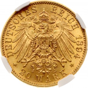 Germany Saxony 20 Mark 1894 E NGC MS 63