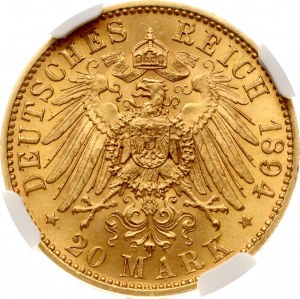 Germania Sassonia 20 marchi 1894 E NGC MS 63