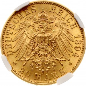 Germany Saxony 20 Mark 1894 E NGC MS 63