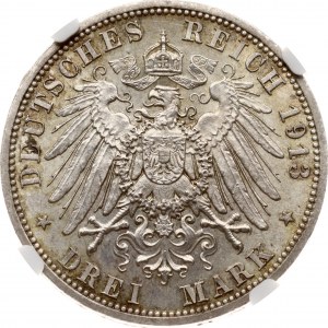 Německo Lippe-Detmold 3 Mark 1913 A NGC MS 62