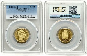 Maďarsko 8 forintů - 20 franků 1880 KB PCGS MS 62