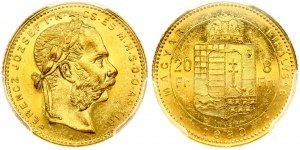 Węgry 8 forintów - 20 franków 1880 KB PCGS MS 62