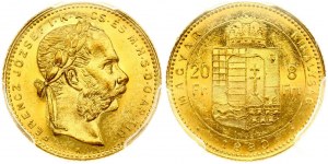 Maďarsko 8 forintov - 20 frankov 1880 KB PCGS MS 62