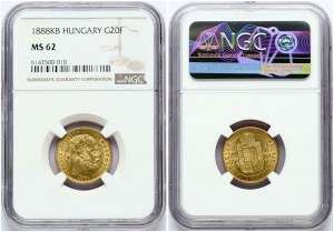 Maďarsko 20 frankov / 8 forintov 1888 KB NGC MS 62