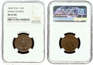 Římská republika 1/2 Baiocco 1849 R NGC MS 63 BN