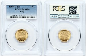 Italia 10 Lire 1863 T PCGS MS 63+