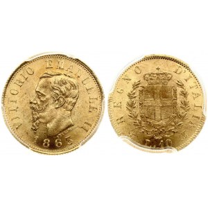 Włochy 10 lirów 1863 T PCGS MS 63+