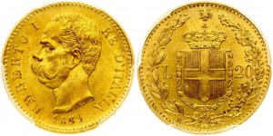 Itálie 20 lir 1881 R PCGS MS 63
