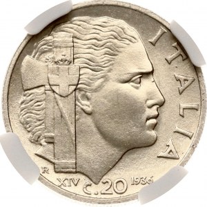 Italy 20 Centesimi 1936 R NGC MS 65