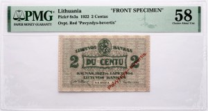 Litva 2 Centu 1922 Pavyzdys-bevertis PMG 58 Choice O Unc