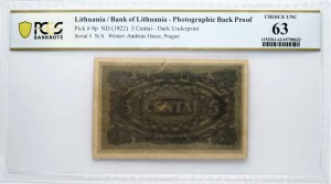 Litva 5 centai 1922 PCGS 63 CHOICE UNC