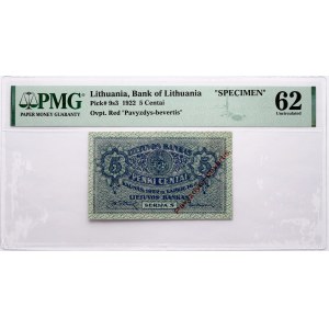 Litva 5 centai 1922 Pavyzdys-bevertis PMG 62 necirkulované